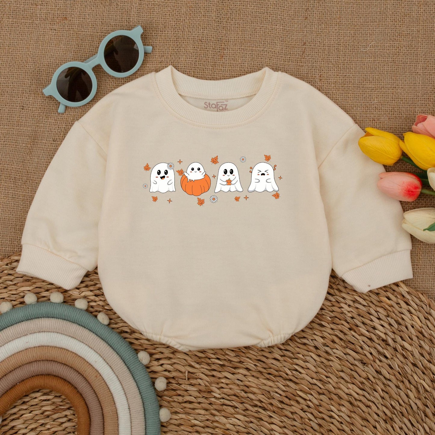 Cute Ghost & Pumpkin Halloween Baby Romper Outfit Newborn First Costume Fall Clothes Adorable White Orange Black Playful Bodysuit