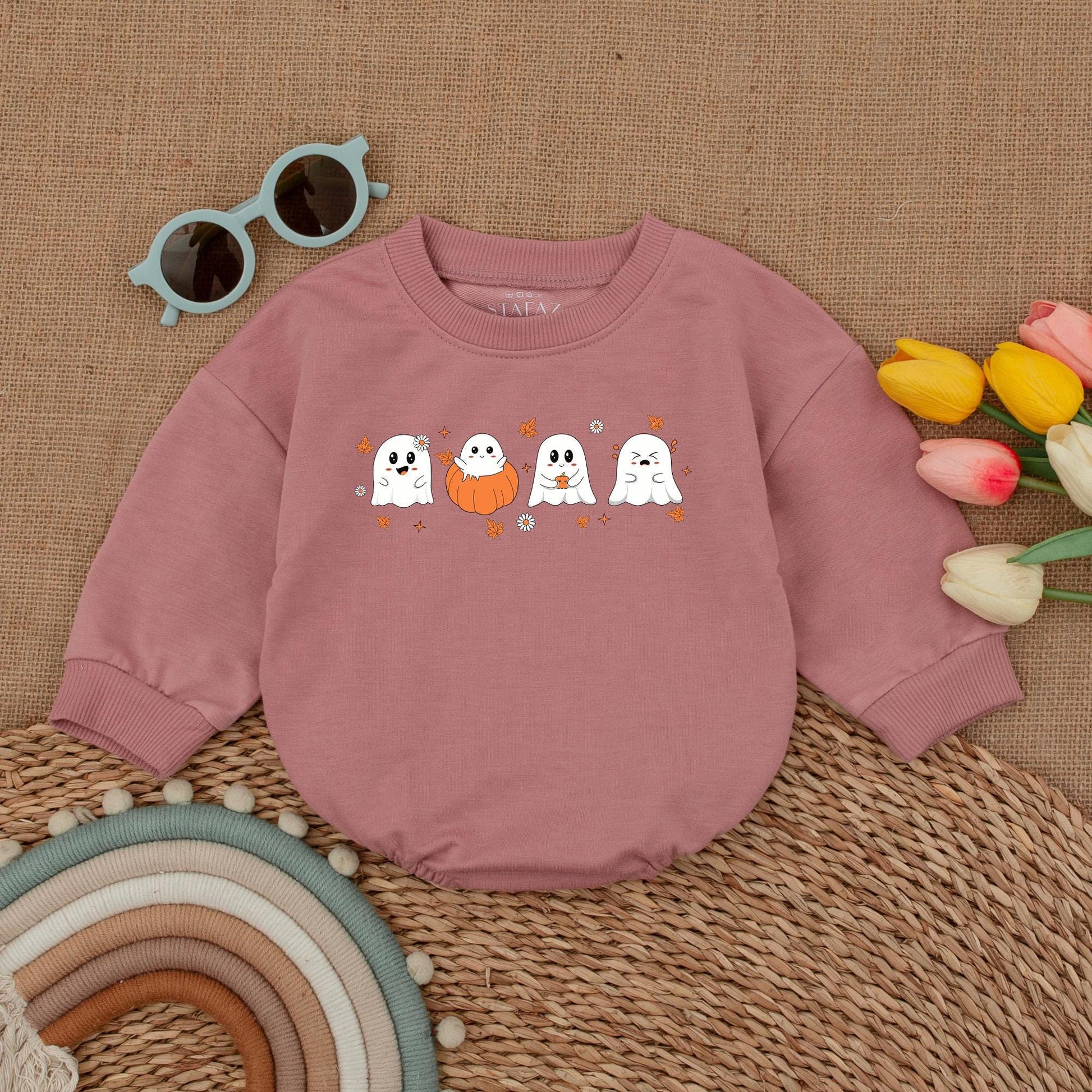 Cute Ghost & Pumpkin Halloween Baby Romper Outfit Newborn First Costume Fall Clothes Adorable White Orange Black Playful Bodysuit