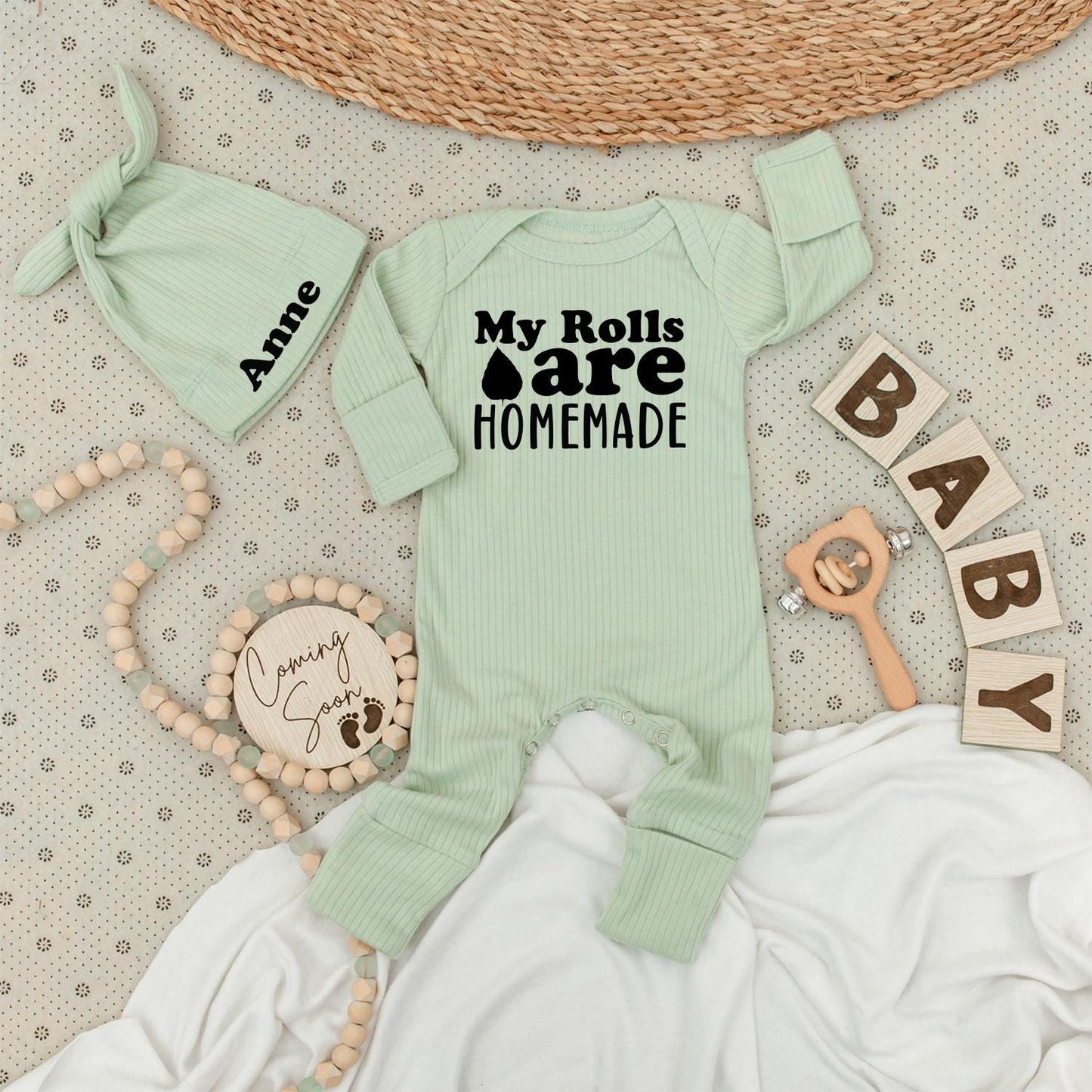 My Rolls Are HOMEMADE Baby Bodysuit Anne Hat Set Minimalist Newborn Gift Going Home Outfit Gender Neutral Cute Baby Announcement Thanksgiving Shower Clothes
