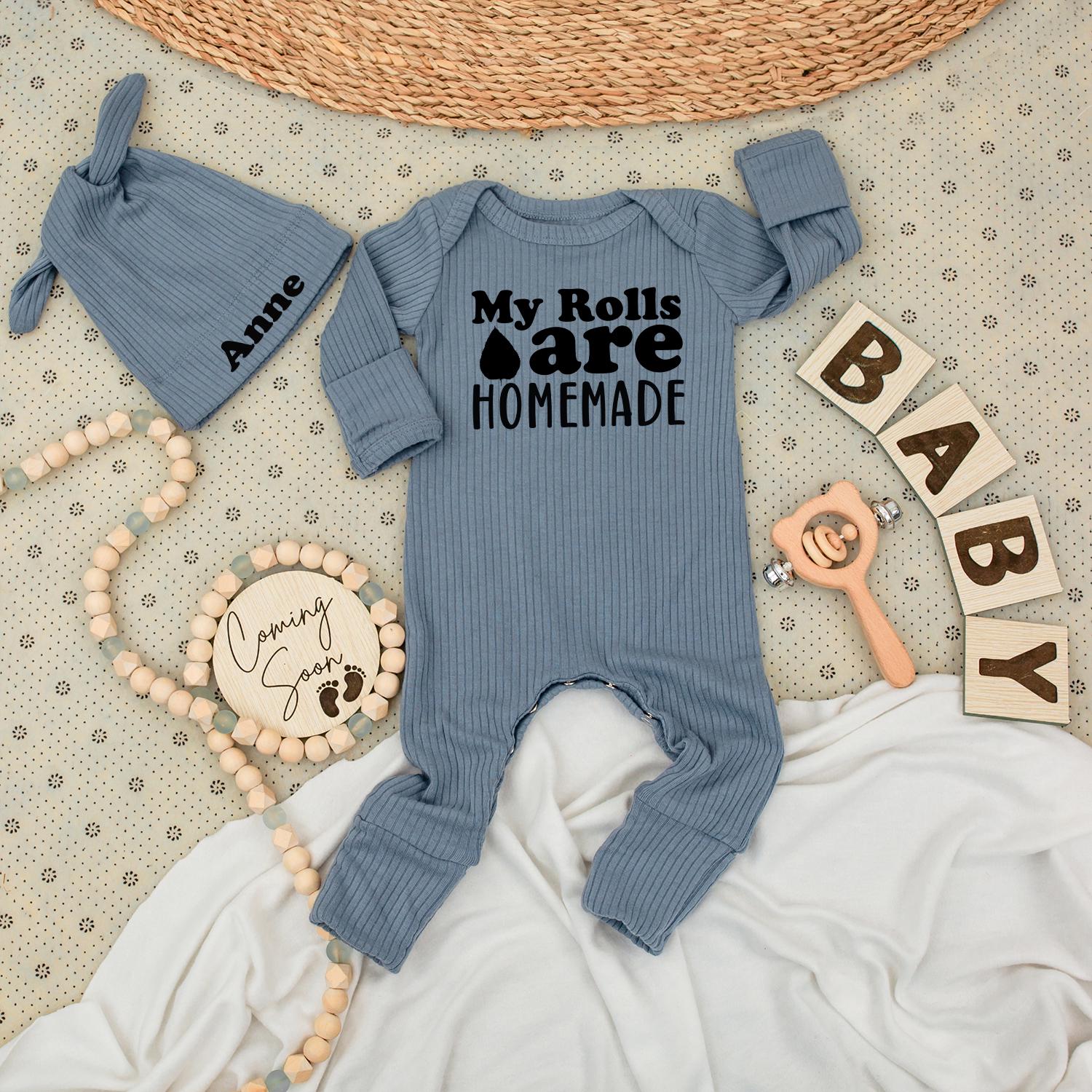 My Rolls Are HOMEMADE Baby Bodysuit Anne Hat Set Minimalist Newborn Gift Going Home Outfit Gender Neutral Cute Baby Announcement Thanksgiving Shower Clothes