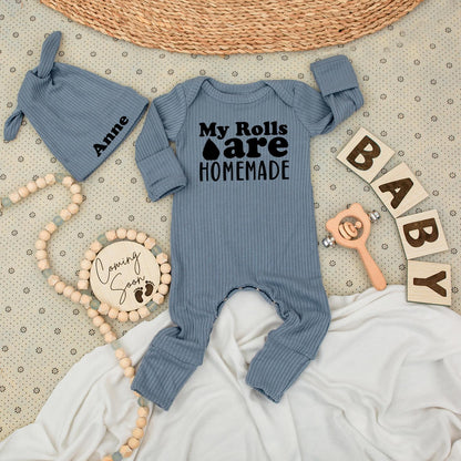 My Rolls Are HOMEMADE Baby Bodysuit Anne Hat Set Minimalist Newborn Gift Going Home Outfit Gender Neutral Cute Baby Announcement Thanksgiving Shower Clothes