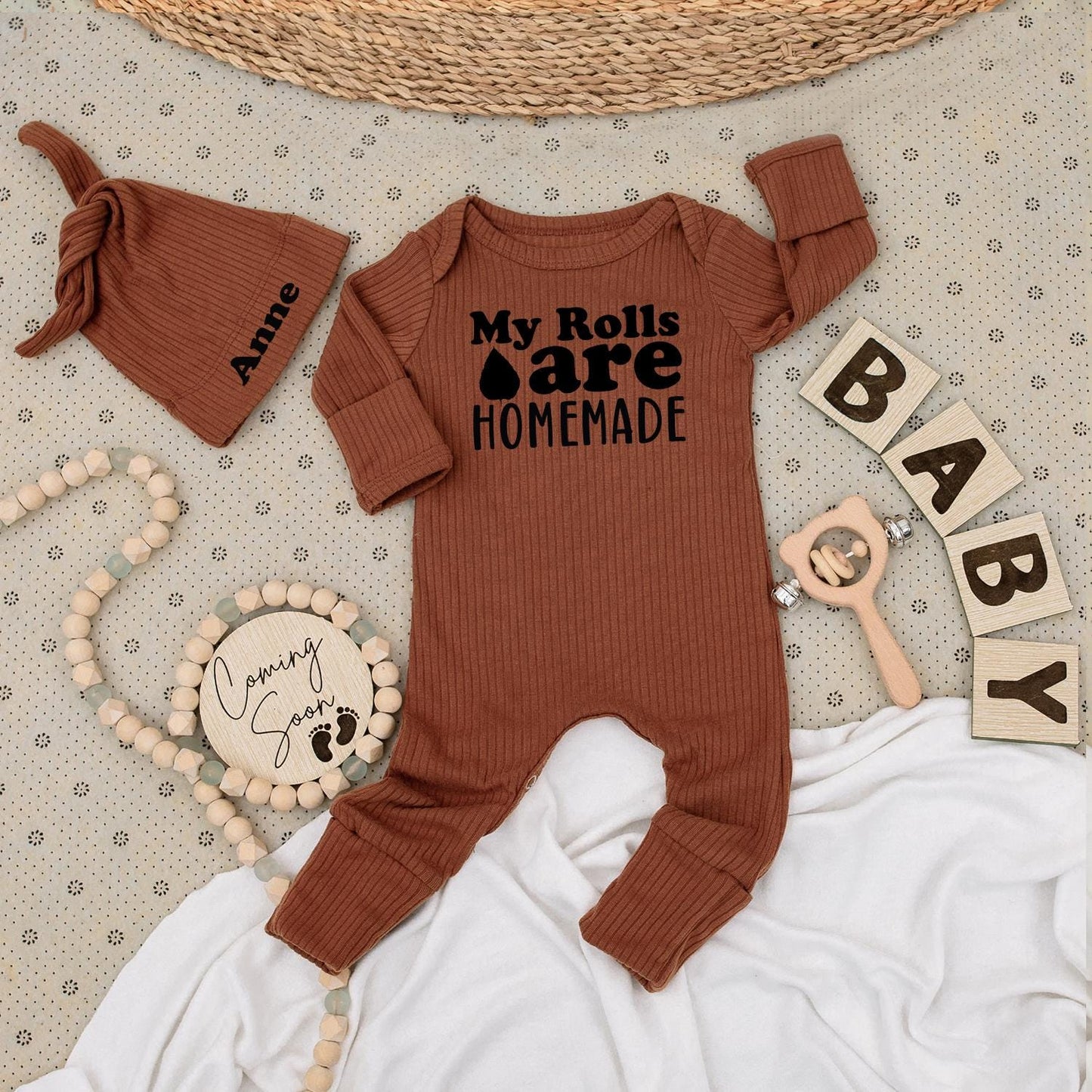 My Rolls Are HOMEMADE Baby Bodysuit Anne Hat Set Minimalist Newborn Gift Going Home Outfit Gender Neutral Cute Baby Announcement Thanksgiving Shower Clothes