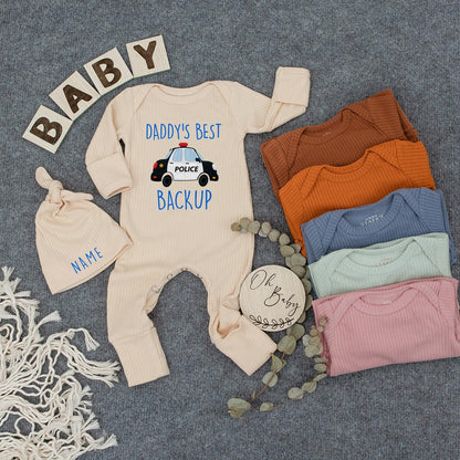 Daddy's Best Backup Baby Bodysuit Outfit with Police Car & Hat, Custom Name, Police Dad Gift, Pregnancy Announcement, Baby Shower Newborn Clothes 139