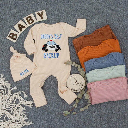 Daddy's Best Backup Baby Bodysuit Outfit with Police Car & Hat, Custom Name, Police Dad Gift, Pregnancy Announcement, Baby Shower Newborn Clothes 139