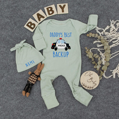 Daddy's Best Backup Baby Bodysuit Outfit with Police Car & Hat, Custom Name, Police Dad Gift, Pregnancy Announcement, Baby Shower Newborn Clothes 139