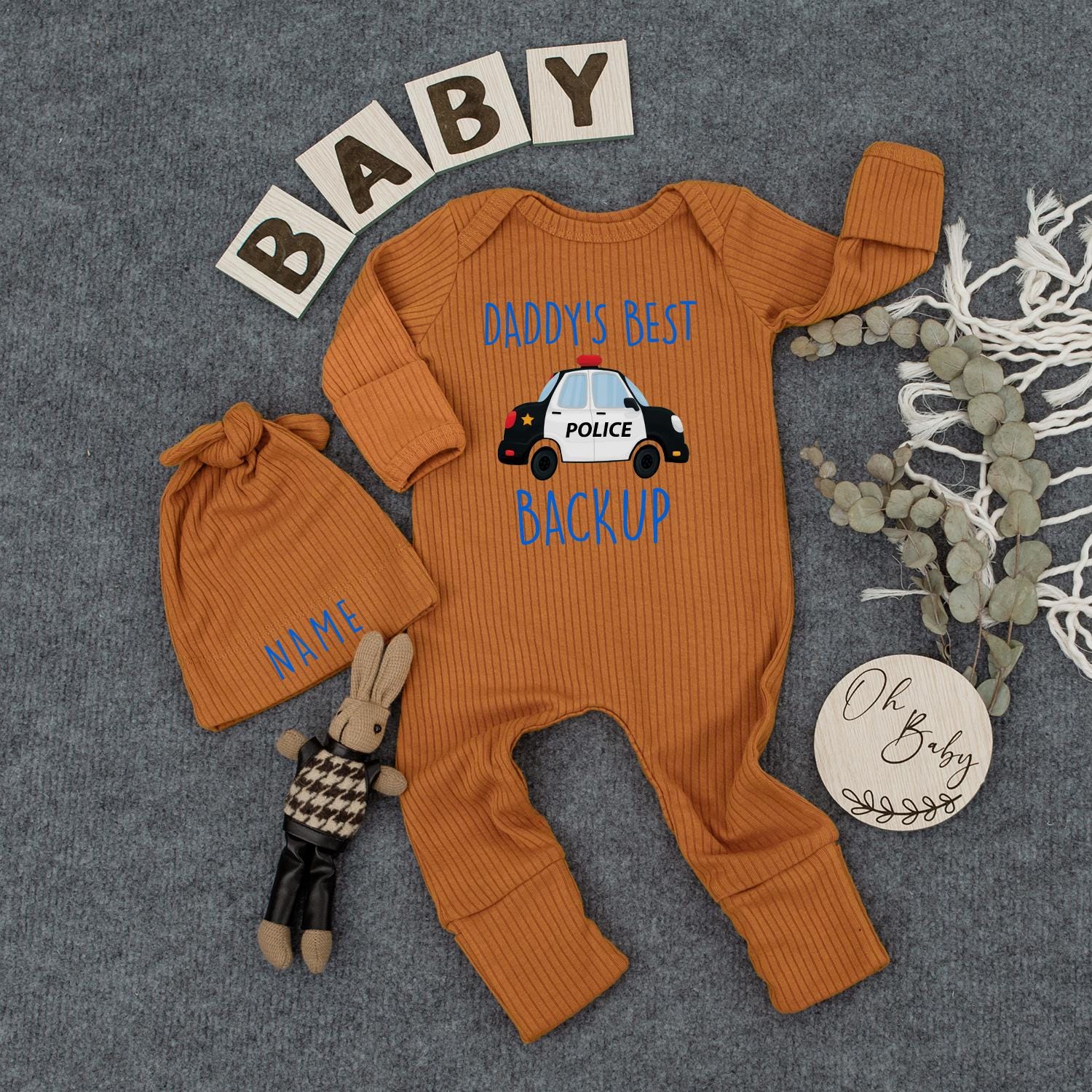 Daddy's Best Backup Baby Bodysuit Outfit with Police Car & Hat, Custom Name, Police Dad Gift, Pregnancy Announcement, Baby Shower Newborn Clothes 139