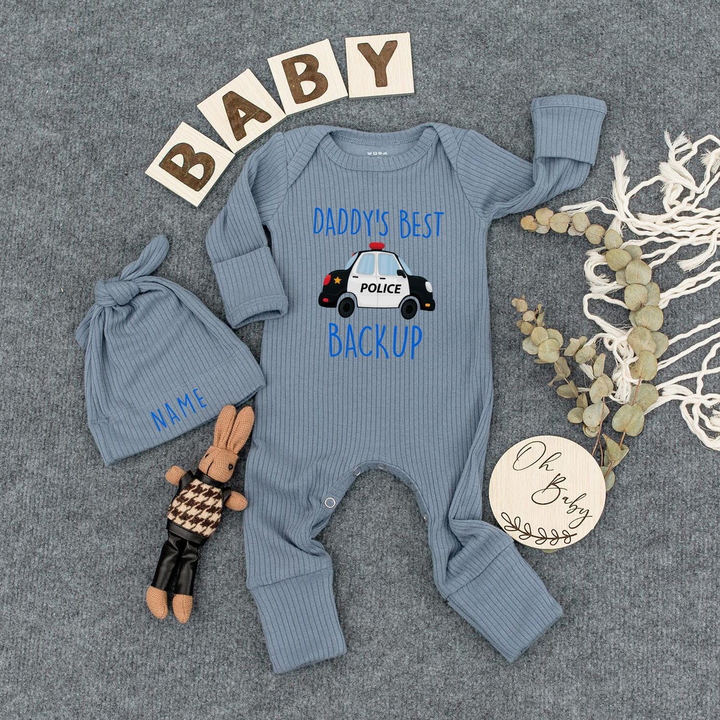 Daddy's Best Backup Baby Bodysuit Outfit with Police Car & Hat, Custom Name, Police Dad Gift, Pregnancy Announcement, Baby Shower Newborn Clothes 139