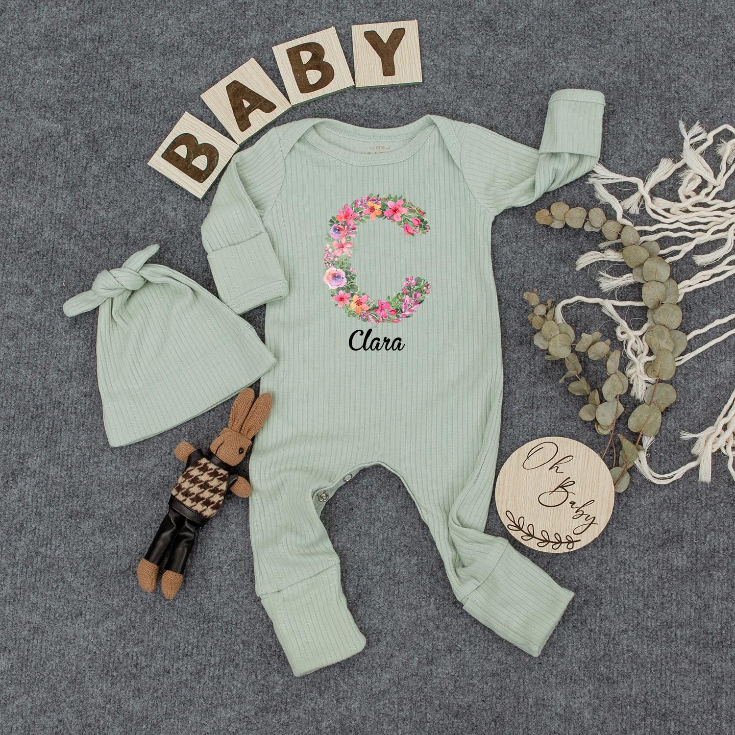 Clara Floral Wreath Personalized Baby Bodysuit & Hat Set, Police Car Outfit, Newborn Girl Clothes, Custom Name Gift, Sweet Infant Coming Home Outfit 138