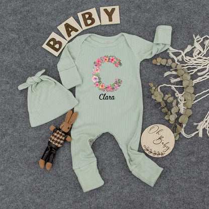 Clara Floral Wreath Personalized Baby Bodysuit & Hat Set, Police Car Outfit, Newborn Girl Clothes, Custom Name Gift, Sweet Infant Coming Home Outfit 138