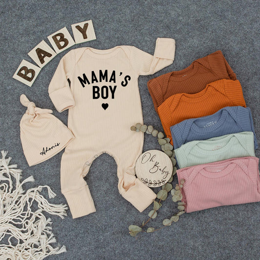 Mama's Boy Newborn Outfit Custom Name Hat Set, Modern Infant Bodysuit, Sweet Baby Shower Gift, Personalized Boy Clothes, Pregnancy Announcement 138