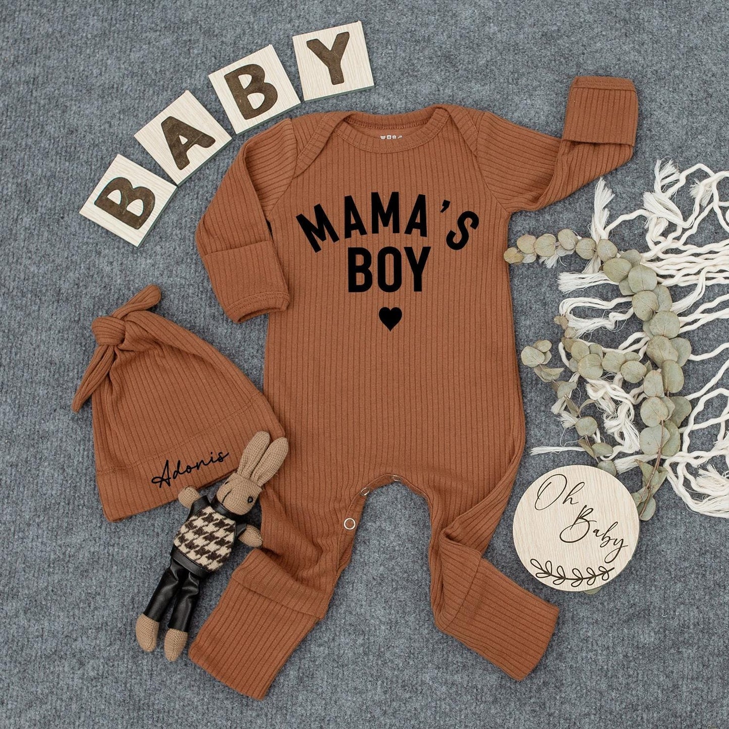 Mama's Boy Newborn Outfit Custom Name Hat Set, Modern Infant Bodysuit, Sweet Baby Shower Gift, Personalized Boy Clothes, Pregnancy Announcement 138