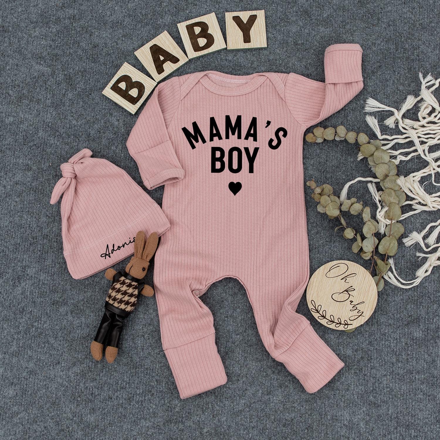 Mama's Boy Newborn Outfit Custom Name Hat Set, Modern Infant Bodysuit, Sweet Baby Shower Gift, Personalized Boy Clothes, Pregnancy Announcement 138