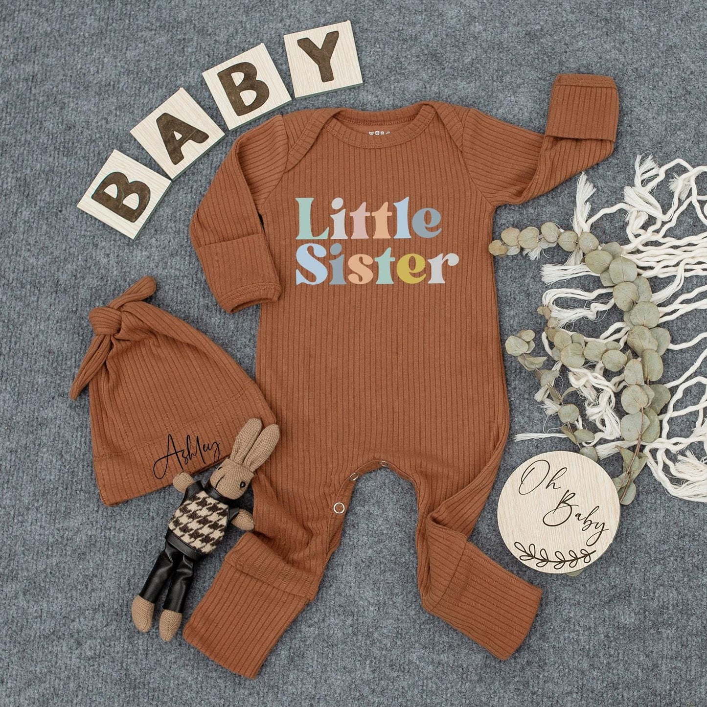 Custom Little Sister Baby Bodysuit Hat Newborn Girl Sibling Clothes Pregnancy Announcement Gift Playful Orange Blue Design