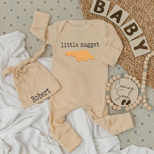 Little Nugget Dinosaur Baby Bodysuit & Hat Set, Personalized Robert Newborn Outfit, Baby Boy or Girl Sleepsuit, Custom Baby Shower Gift