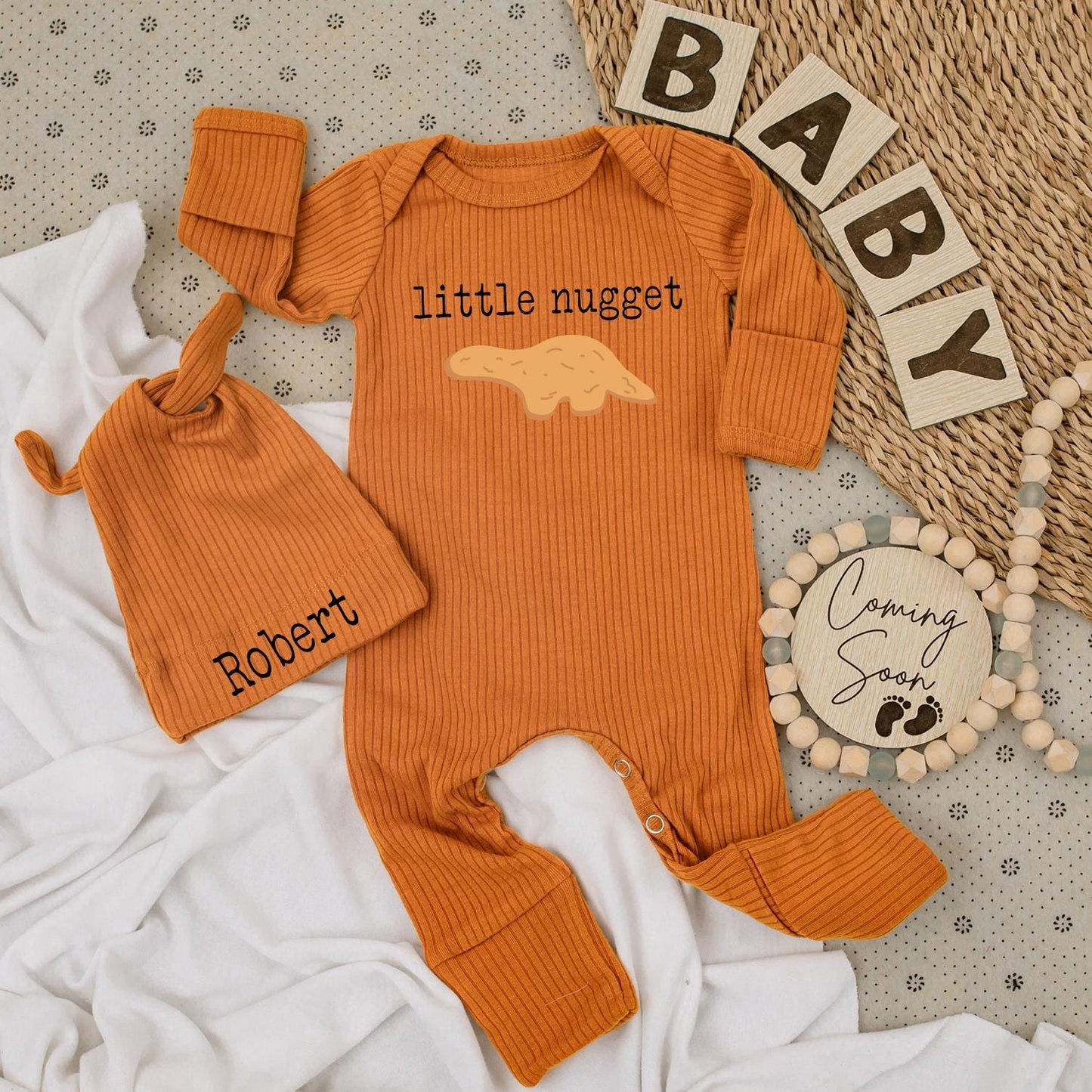 Little Nugget Dinosaur Baby Bodysuit & Hat Set, Personalized Robert Newborn Outfit, Baby Boy or Girl Sleepsuit, Custom Baby Shower Gift