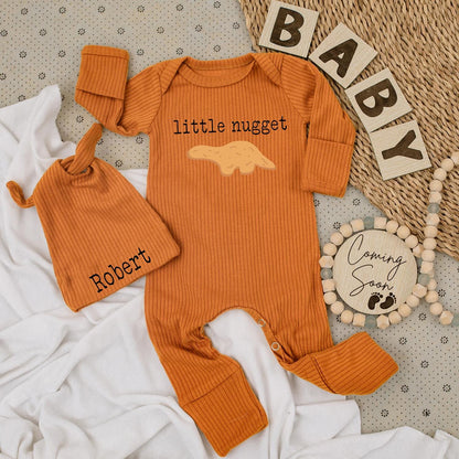 Little Nugget Dinosaur Baby Bodysuit & Hat Set, Personalized Robert Newborn Outfit, Baby Boy or Girl Sleepsuit, Custom Baby Shower Gift