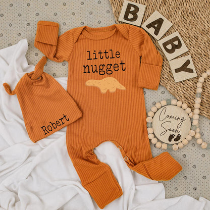 Little Nugget Dinosaur Baby Bodysuit & Hat Set Pale Yellow Minimalist Cartoon Cute Newborn Outfit Going Home