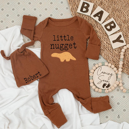 Little Nugget Dinosaur Baby Bodysuit & Hat Set Pale Yellow Minimalist Cartoon Cute Newborn Outfit Going Home