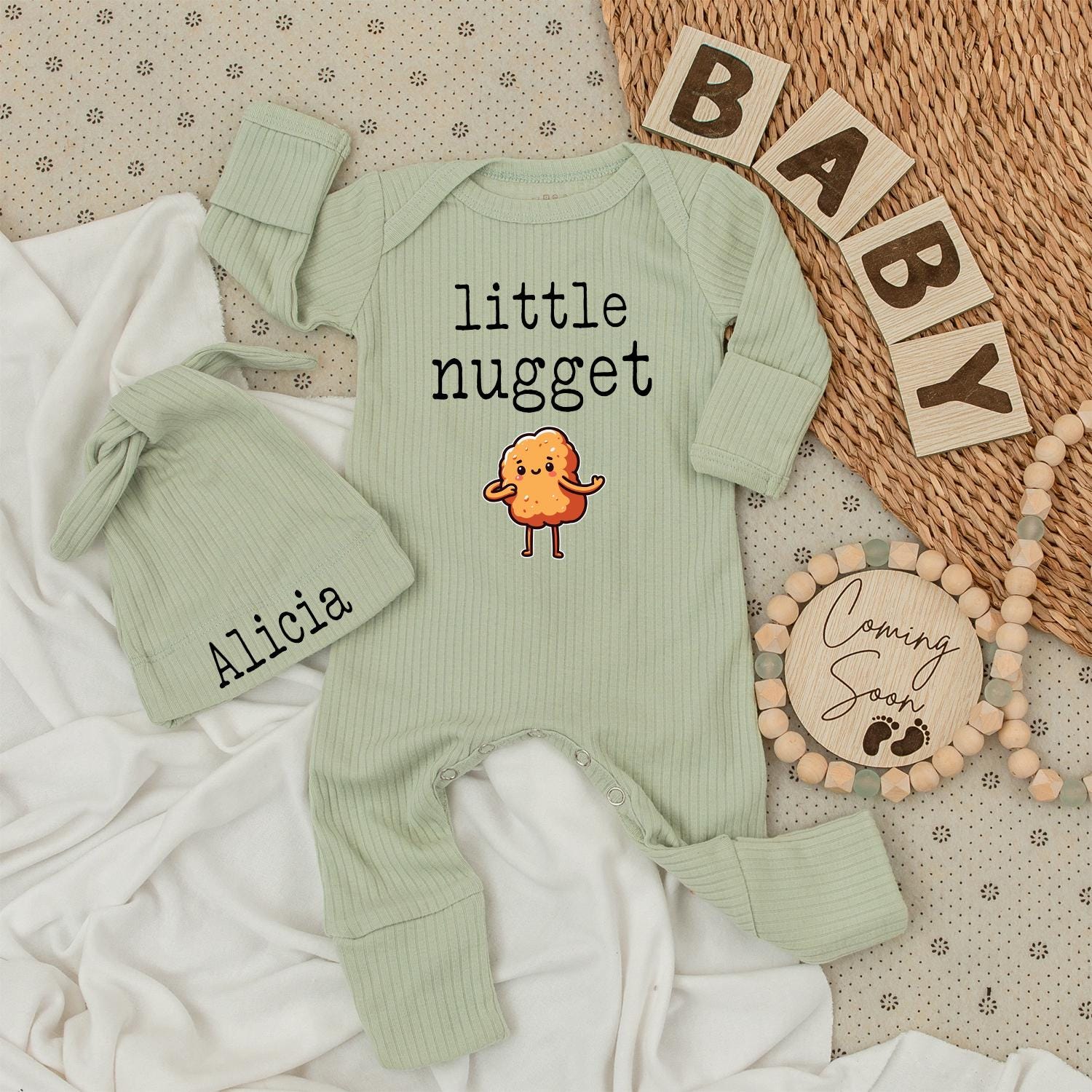 Little Nugget Personalized Baby Bodysuit & Hat Set, Custom Name Alicia Chicken Newborn Outfit, Cute Shower Gift, Comfy Cotton Bodysuit, Long Sleeve 139