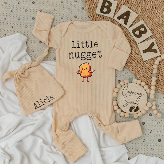Little Nugget Personalized Baby Bodysuit & Hat Set, Custom Name Alicia Chicken Newborn Outfit, Cute Shower Gift, Comfy Cotton Bodysuit, Long Sleeve 139