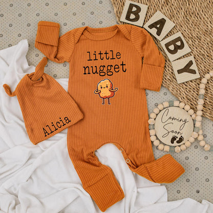 Little Nugget Personalized Baby Bodysuit & Hat Set, Custom Name Alicia Chicken Newborn Outfit, Cute Shower Gift, Comfy Cotton Bodysuit, Long Sleeve 139
