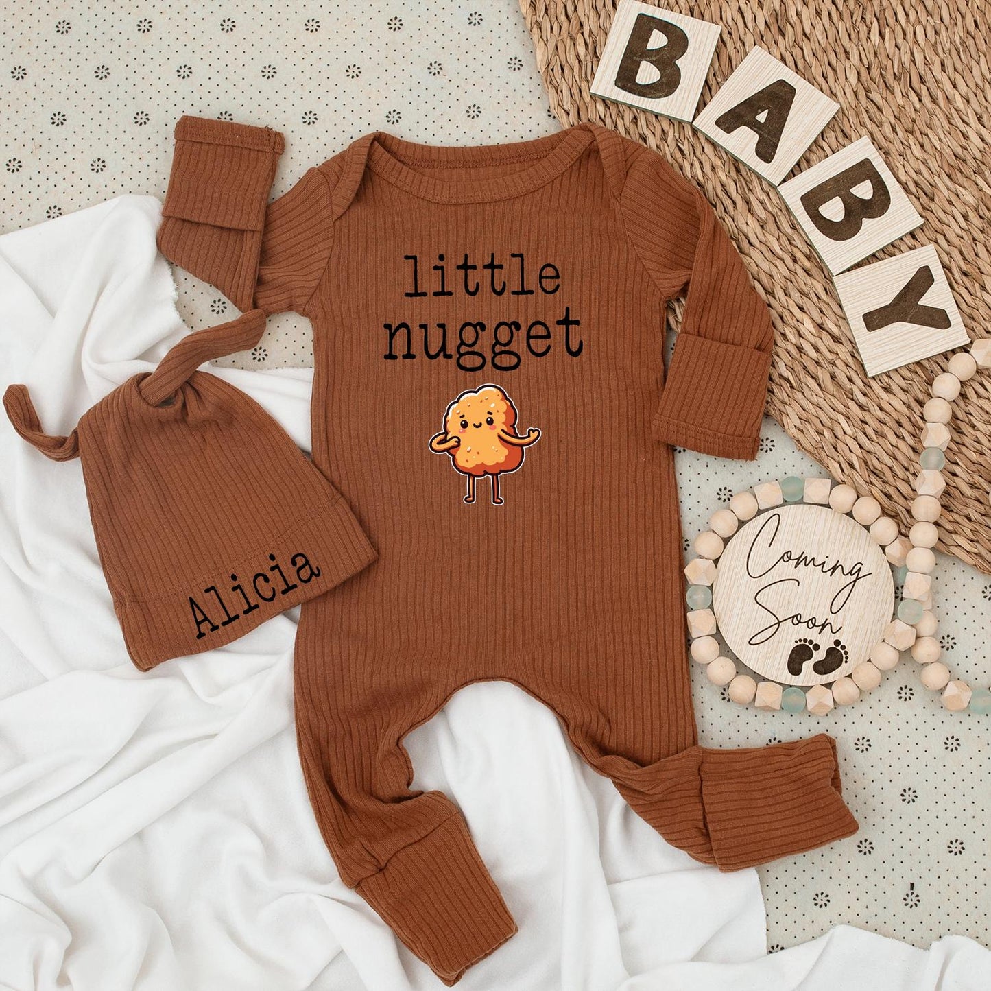 Little Nugget Personalized Baby Bodysuit & Hat Set, Custom Name Alicia Chicken Newborn Outfit, Cute Shower Gift, Comfy Cotton Bodysuit, Long Sleeve 139