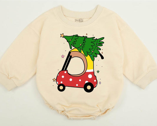 Baby's Retro Car Christmas Sweatshirt: Polka Dot Car with Tree & Stars, Toddler Holiday Gift, Family Matching Outfit