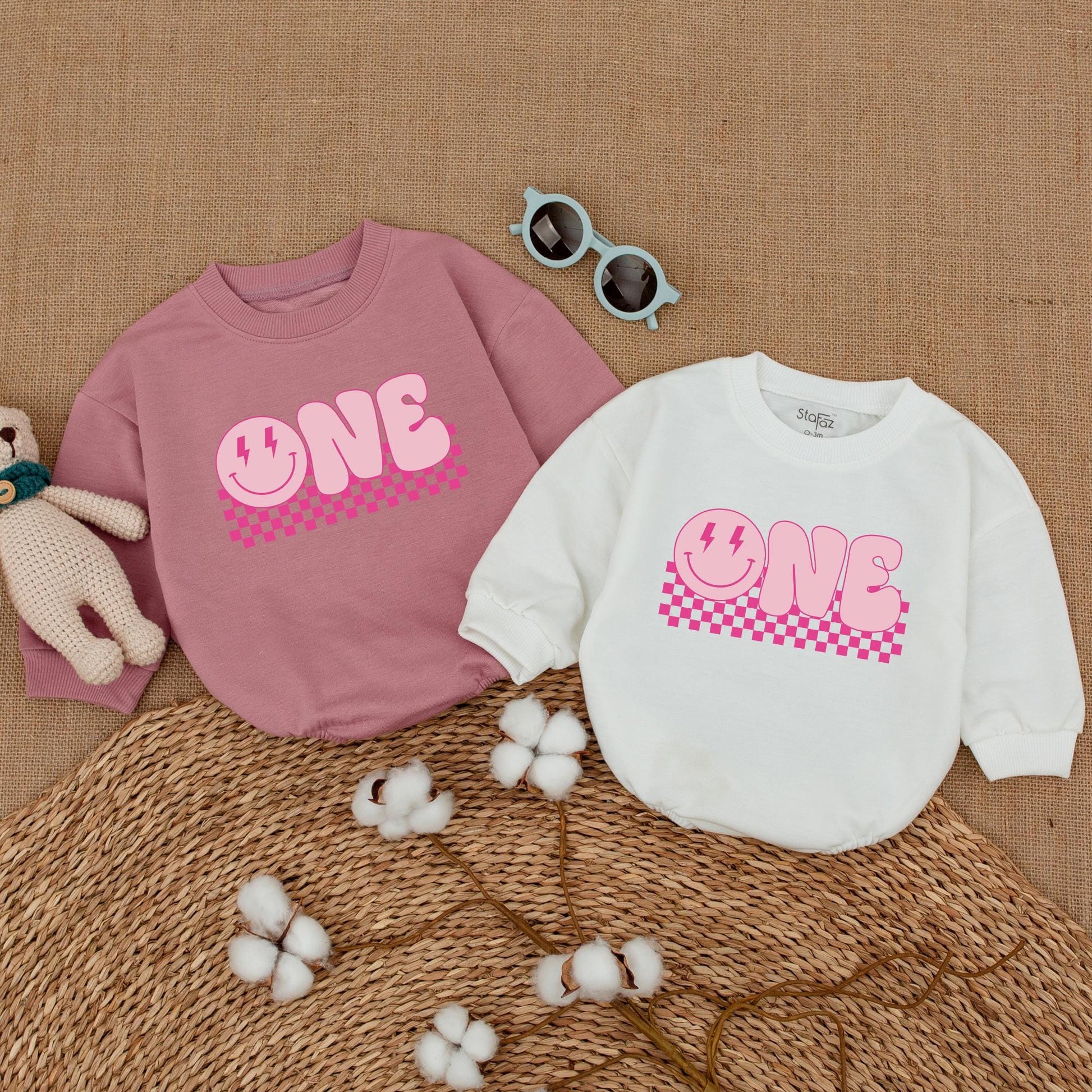 Pink First Birthday Romper with Happy Face Lightning Eyes ONE Bubble Font Cute Baby Girl Cake Smash Outfit Bodysuit Gift