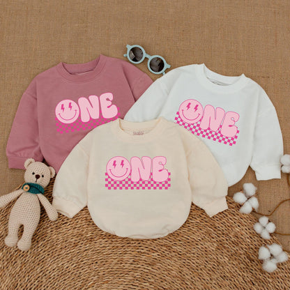 Pink First Birthday Romper with Happy Face Lightning Eyes ONE Bubble Font Cute Baby Girl Cake Smash Outfit Bodysuit Gift