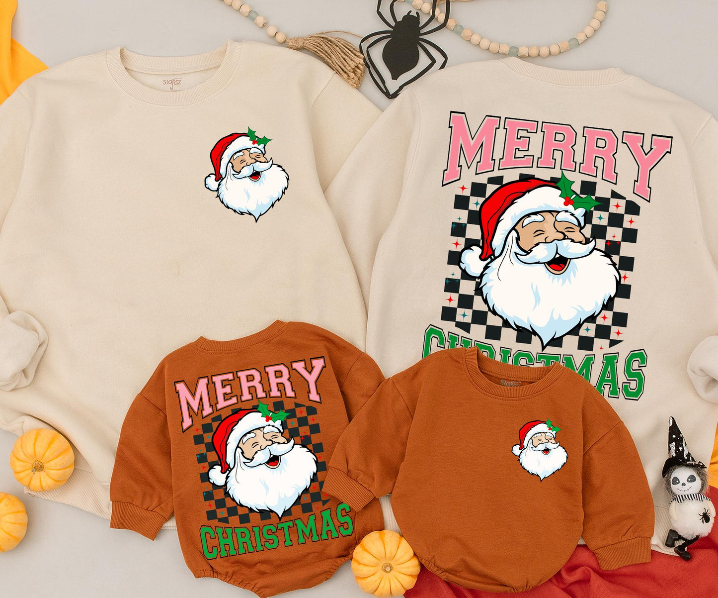 Matching Merry Christmas Santa Sweatshirt Toddler Baby Outfit, Retro Xmas Gift, Red Green White Black Colors, Cute Baby Newborn Clothing