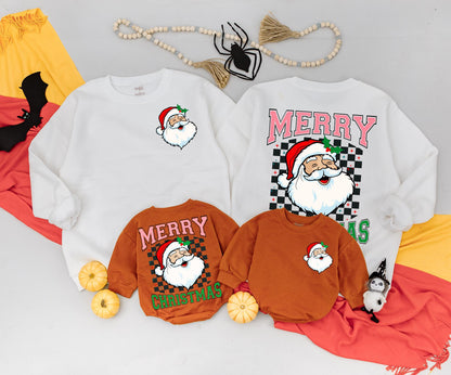 Matching Merry Christmas Santa Sweatshirt Toddler Baby Outfit, Retro Xmas Gift, Red Green White Black Colors, Cute Baby Newborn Clothing