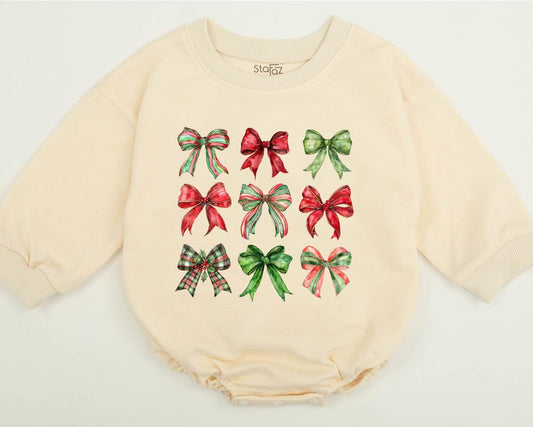 Christmas Bow Baby Bubble Romper First Christmas Outfit Girl Sweatshirt Cute Red Green Plaid Watercolor Design Holiday Infant Clothes Girly Winter Gift (139)