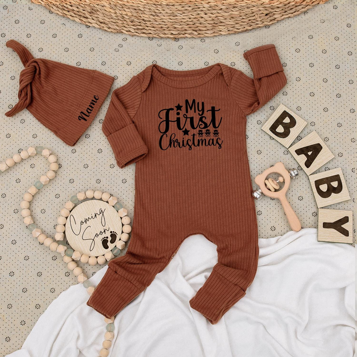 My First Christmas Baby Long Sleeve Romper Black Print Teddy Bear Star Design Soft Going Home Outfit for Newborn Boys Girls Gender Neutral Holiday Gift