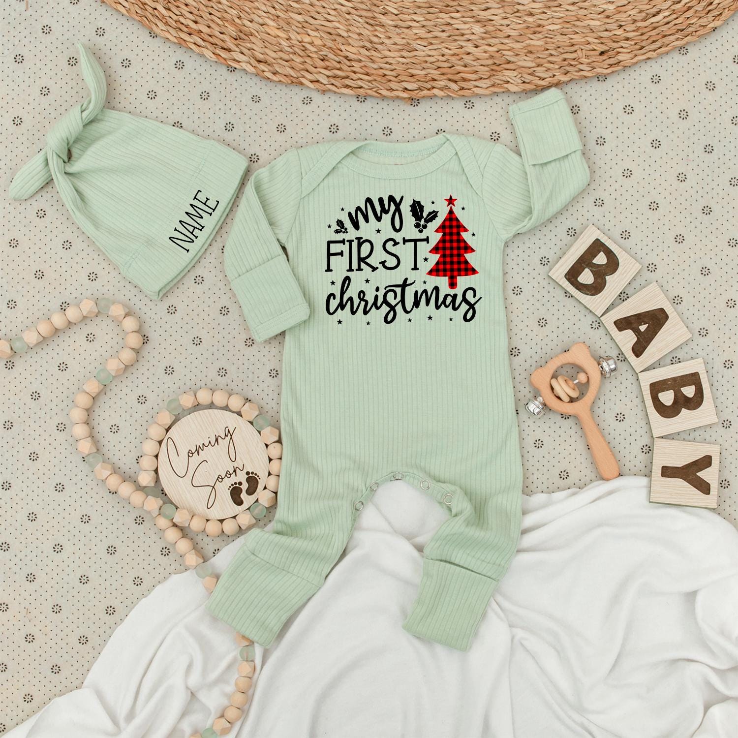 Baby's First Christmas Romper Joyful Holly Stars Buffalo Plaid Tree Outfit for Newborns