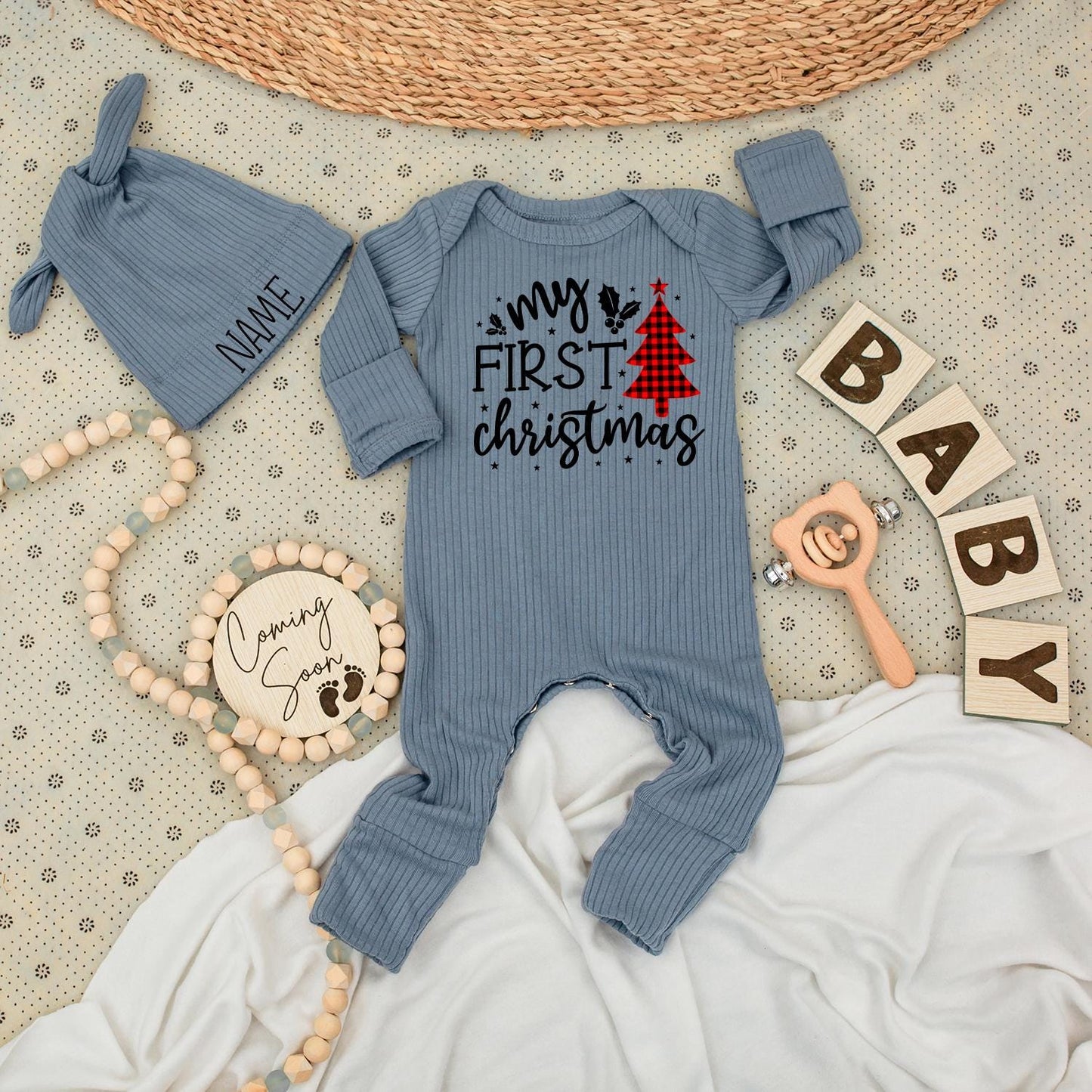Baby's First Christmas Romper Joyful Holly Stars Buffalo Plaid Tree Outfit for Newborns