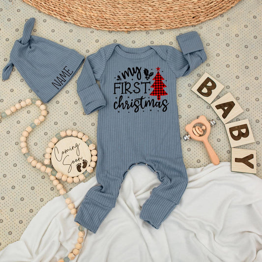 Baby's First Christmas Romper Joyful Holly Stars Buffalo Plaid Tree Outfit for Newborns