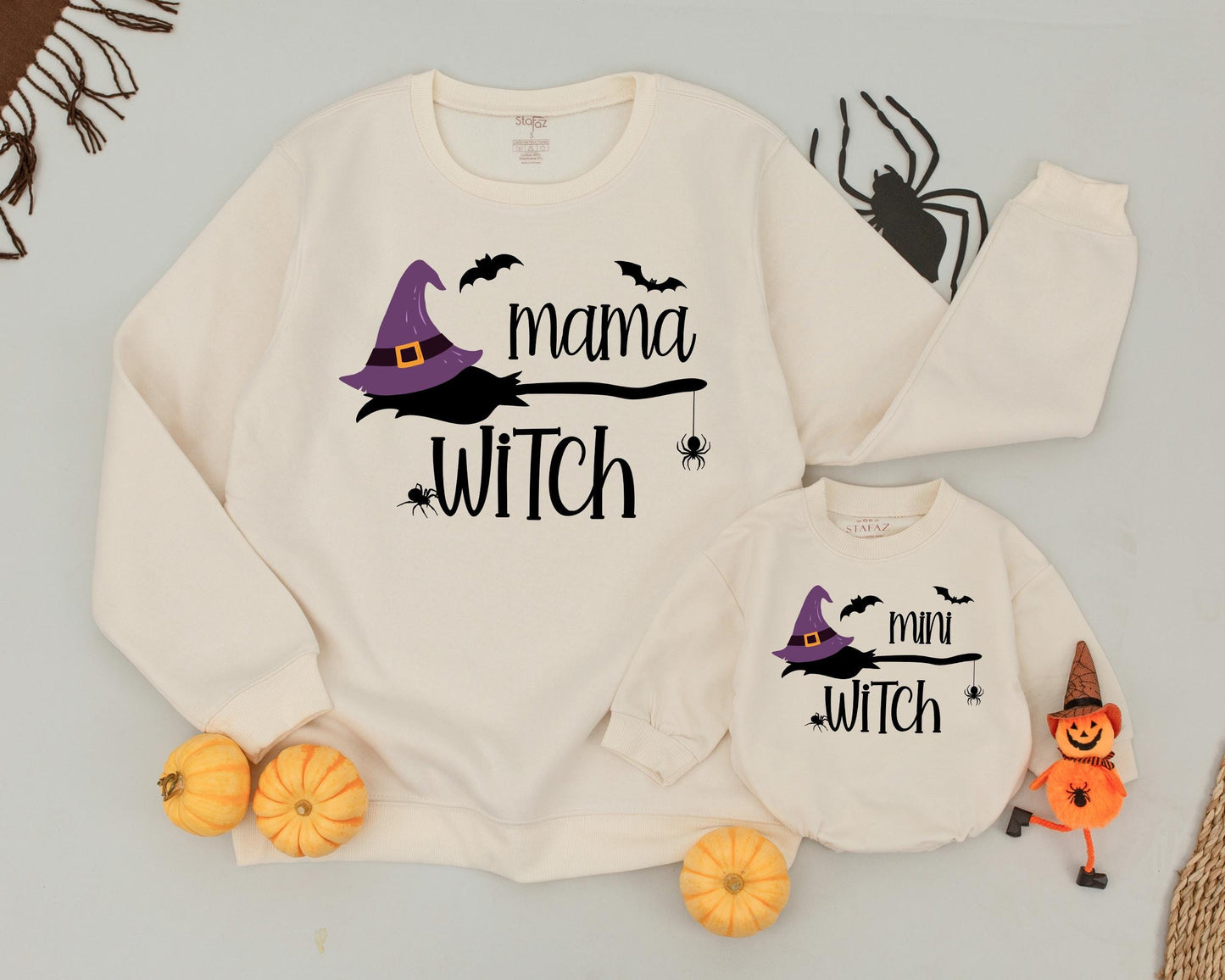 Mama Witch & Mini Witch Retro Halloween Matching Sweatshirts  