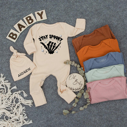 Stay Spooky Baby Bodysuit & Hat Set, Halloween Outfit Newborn Gift, Cute Witch Romper, Infant Clothes, Black Skeleton Hand Design Party, Unisex, Mom Gift