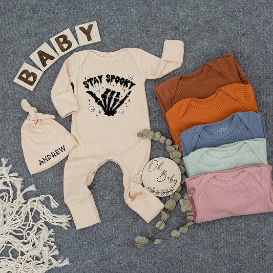 Stay Spooky Baby Bodysuit & Hat Set, Halloween Outfit Newborn Gift, Cute Witch Romper, Infant Clothes, Black Skeleton Hand Design Party, Unisex, Mom Gift