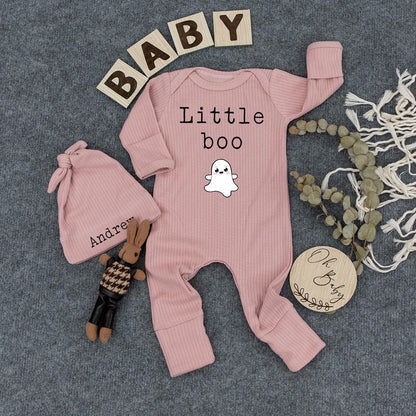 Personalized Baby Bodysuit and Hat Set with Little Boo Ghost Design for Newborn Halloween Outfit Cute Infant Romper New Mom Gift