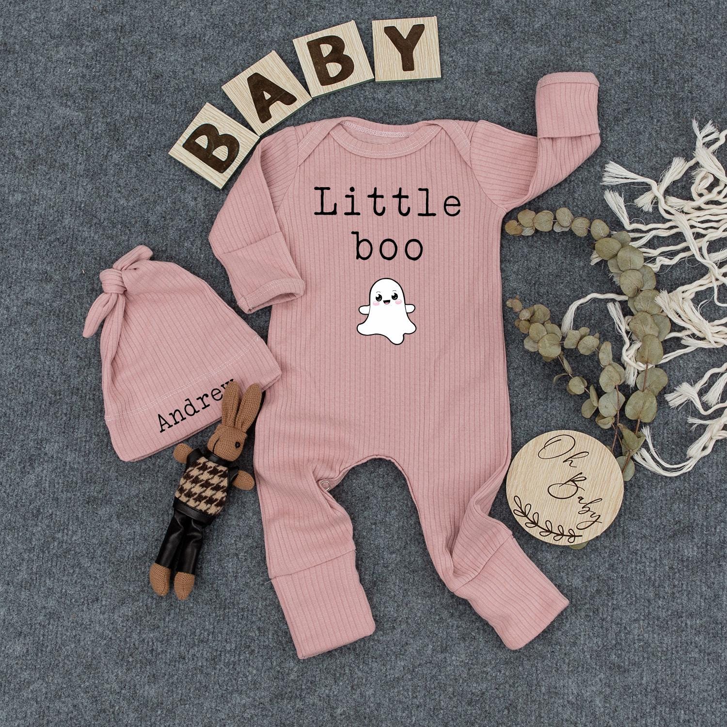 Little Boo Personalized Baby Outfit Set, Cute Ghost Bodysuit & Hat, Custom Name Halloween Newborn Romper, Gender Neutral Gift for New Mom Andrew 139
