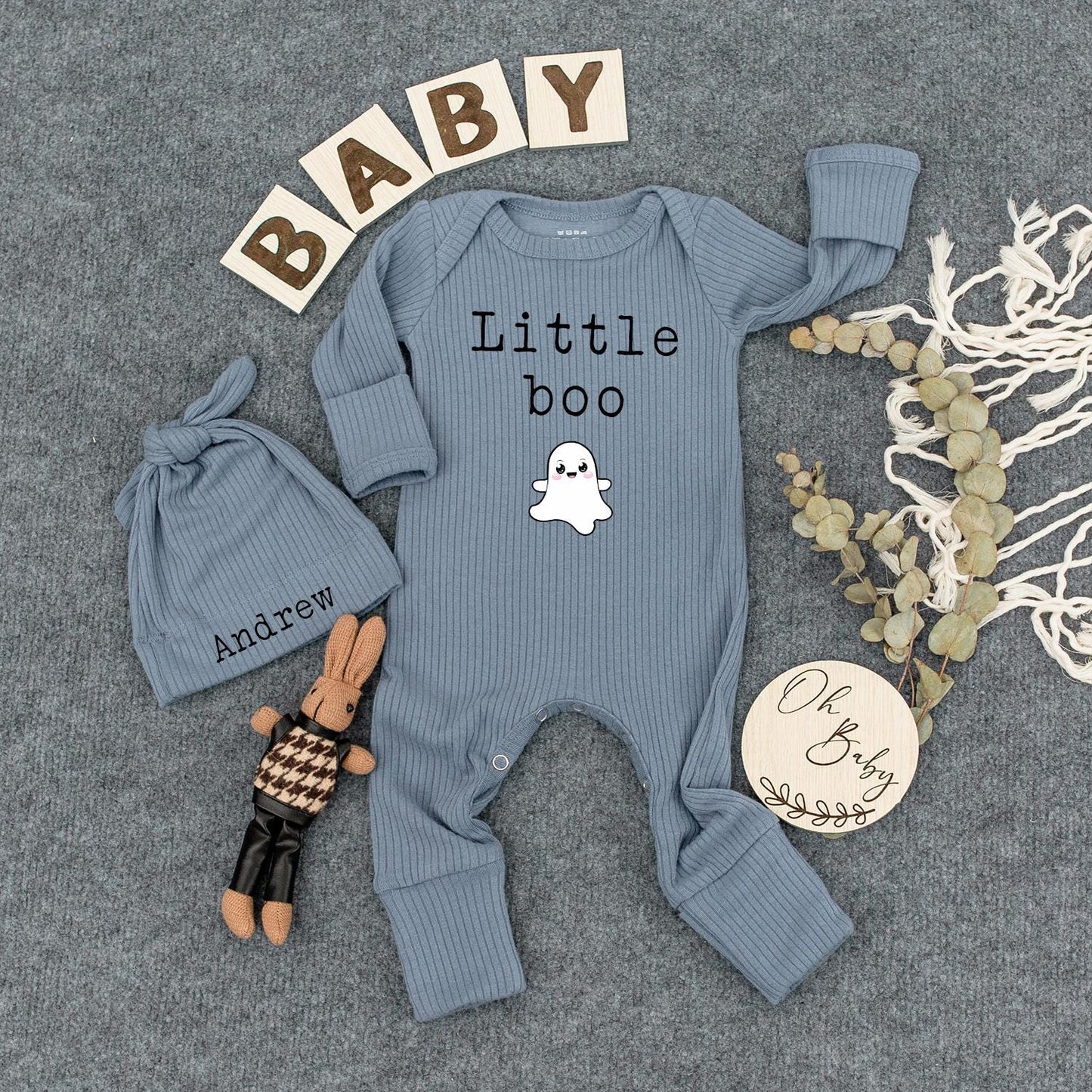 Personalized Baby Bodysuit and Hat Set with Little Boo Ghost Design for Newborn Halloween Outfit Cute Infant Romper New Mom Gift