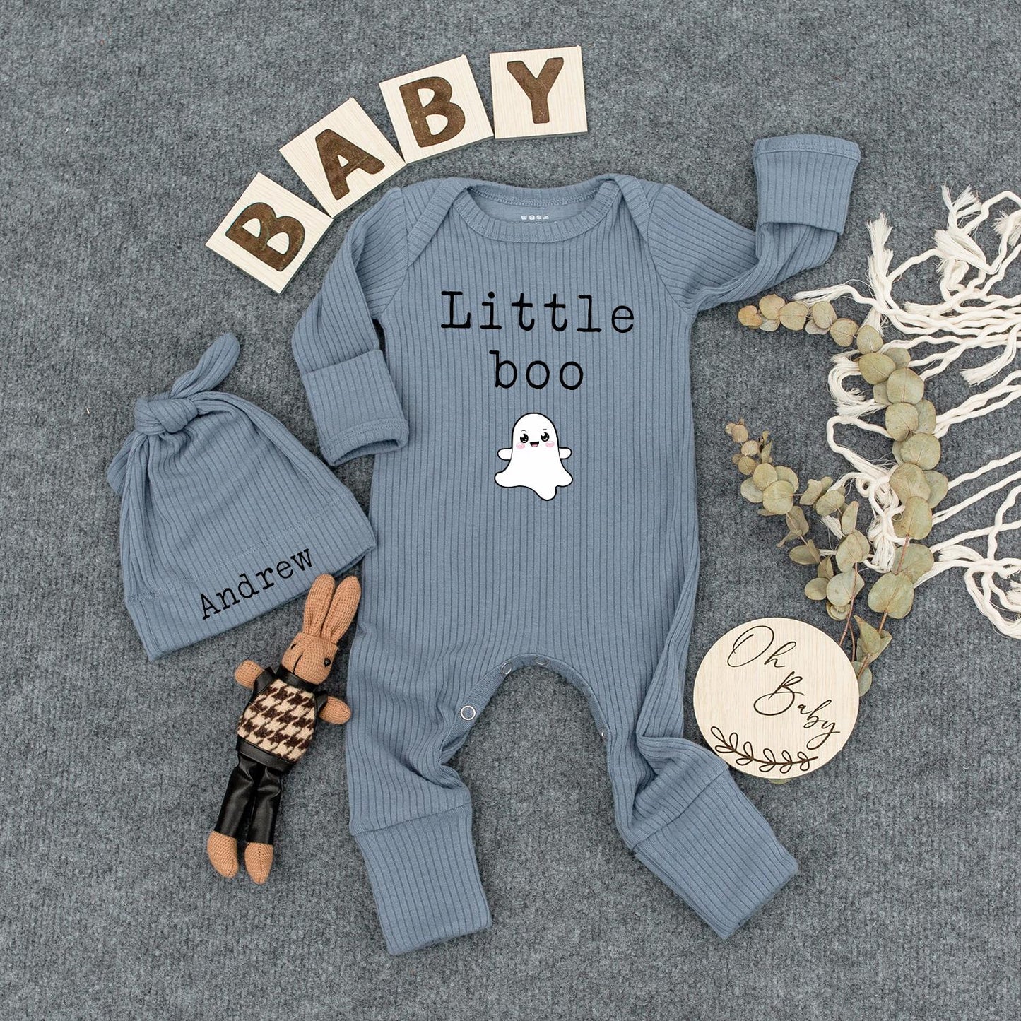 Little Boo Personalized Baby Outfit Set, Cute Ghost Bodysuit & Hat, Custom Name Halloween Newborn Romper, Gender Neutral Gift for New Mom Andrew 139
