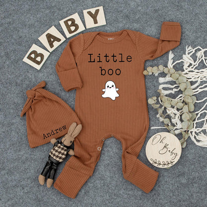 Personalized Baby Bodysuit and Hat Set with Little Boo Ghost Design for Newborn Halloween Outfit Cute Infant Romper New Mom Gift