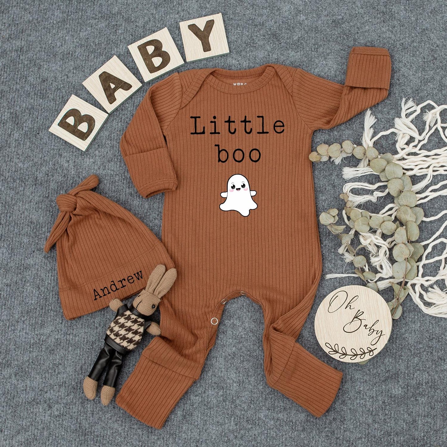 Little Boo Personalized Baby Outfit Set, Cute Ghost Bodysuit & Hat, Custom Name Halloween Newborn Romper, Gender Neutral Gift for New Mom Andrew 139