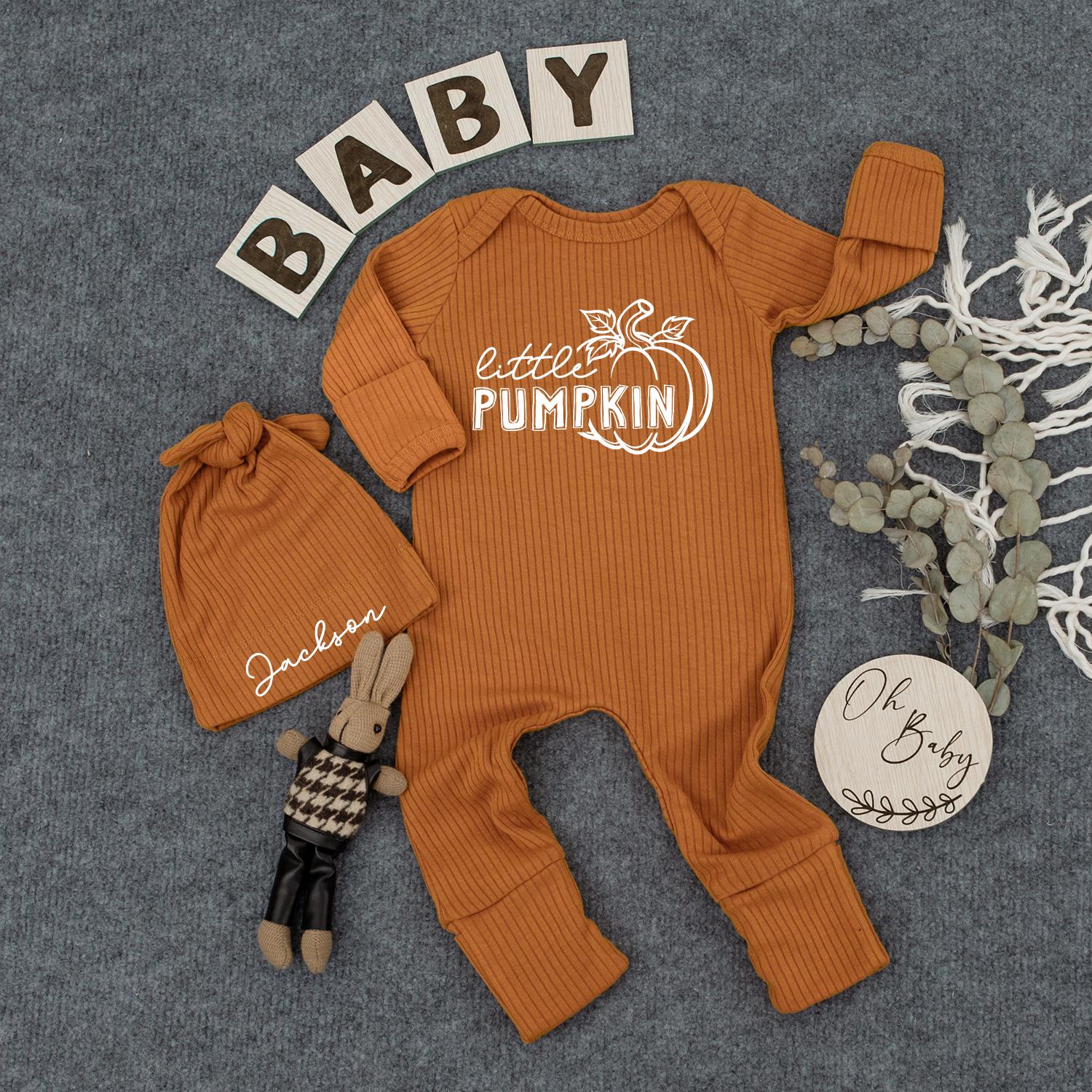 Personalized Little Pumpkin Baby Bodysuit & Hat Set Custom Name Jackson Newborn Outfit Fall Announcement Coming Home Shower Gift Long Sleeve 136