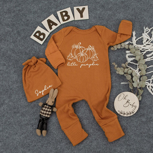 Cute Little Pumpkin Outline Bodysuit Hat Set Baby Shower Gift Newborn Coming Home Long Sleeve Fall Outfit