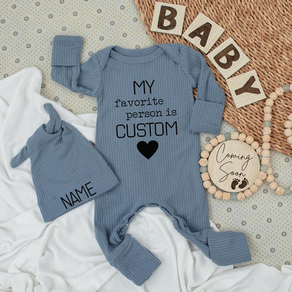 My Favorite Person is Custom Baby Bodysuit & Hat Set Black Heart Name Brim for Grandparents Aunt Uncle
