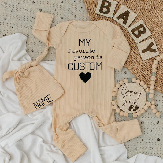 My Favorite Person is Custom Baby Bodysuit & Hat Set Black Heart Name Brim for Grandparents Aunt Uncle