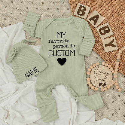 My Favorite Person is Custom Baby Bodysuit & Hat Set Black Heart Name Brim for Grandparents Aunt Uncle
